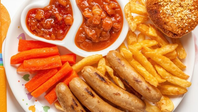 Kids' dish featuring fries, baked beans, sausages, and carrots.
