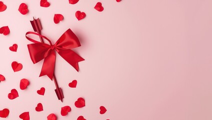 Fototapeta premium Love-themed arrangement featuring a red cupid’s bow and arrow with hearts on a pink backdrop. Ideal for Valentine’s Day marketing.