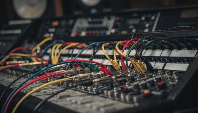 Medium shot of a patch bay with colored cables plugged in main focus on connectors and labeling while a dim studio setup fades smoothly out of focus behind.