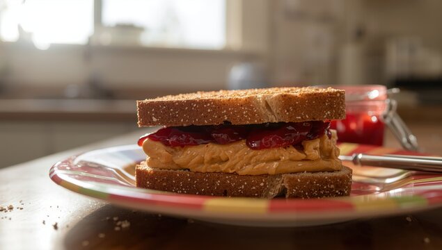Low-angle shot of a DIY peanut butter and jelly sandwich.