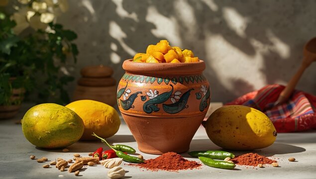 Mango pickle or aam ka achar Kairi Loncha kept in a clay pot with ingredients.