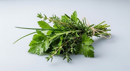 Fototapeta premium Fresh herbs tied together on a light blue background