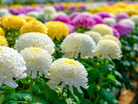 Colorful blooming chrysanthemums in a vibrant spring flower bed