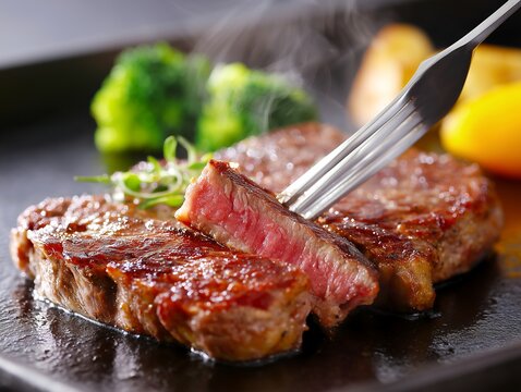 Grilled beef steak on a sizzling plate with steam and vegetables