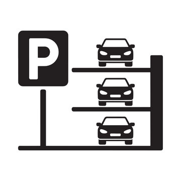 Parking symbol depicting a multi story car park structure in black