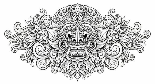 Intricate Balinese Mythical Creature Mask Line Art Illustration.
