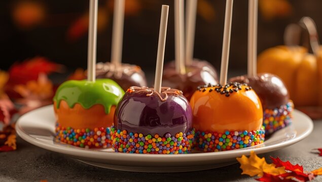 Plate of homemade taffy apples for Halloween, side perspective.