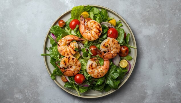 Plate of salad topped with grilled giant prawns. Gray backdrop. Overhead perspective.