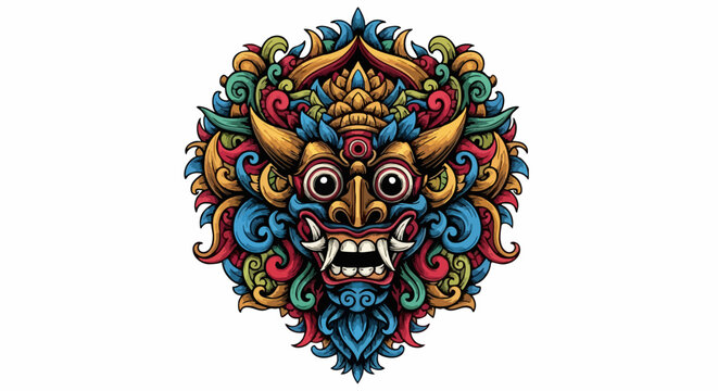 Mythical Balinese Barong demon mask with vibrant colors and intricate details.
