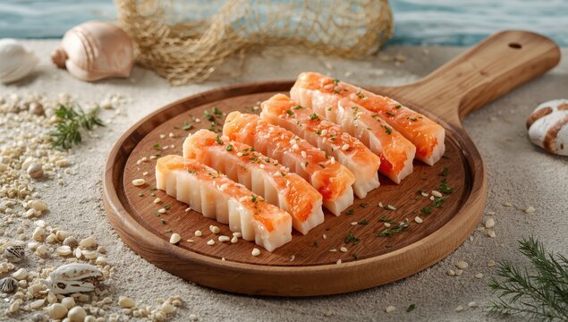 Ready-to-eat imitation crab meat sticks, organic and raw.