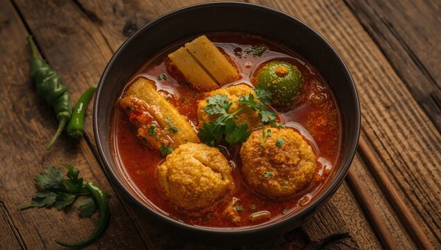 Red curry with bitter gourd and fish balls in a bowl on a wooden table.
