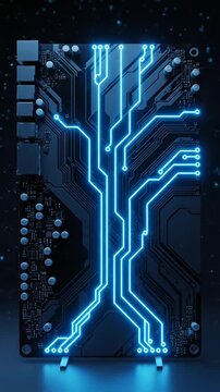 Futuristic digital circuit board with dynamic glowing blue electrical pathways showing technological evolution