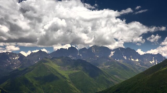 Time lapse clouds race above Mount Kackar peak in Turkey Black Sea mountain landscape. Accelerated sky drift over Altiparmak and Vercenik ridges near Rize, Pontic Alps panorama.