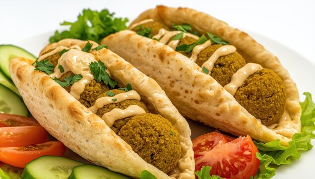 Tasty falafel pitas on a light backdrop.