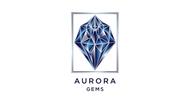 Blue faceted gemstone logo illustration with geometric facets.