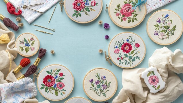 Top-down arrangement of cross stitch supplies on a blue surface.