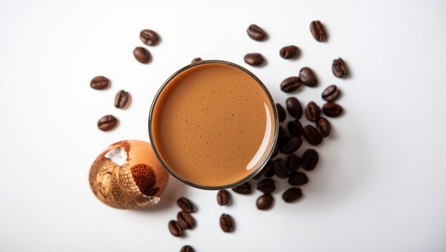 Top view of a coffee cream liqueur glass and beans on a white background.