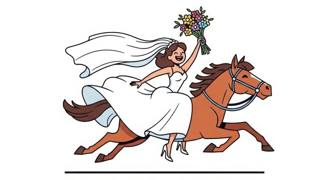 Cartoon bride riding horse with bouquet, wedding humor