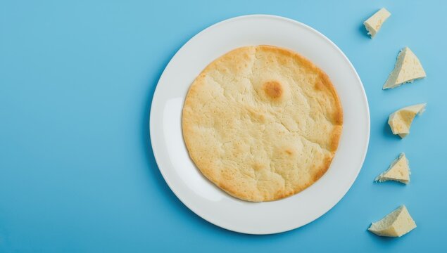 Traditional Arabic pita on a white plate against a blue backdrop.