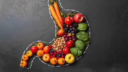 An arrangement of fresh produce and nuts resembling a stomach. A chalk illustration of a human stomach. Ideal foods for digestive health.