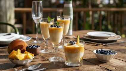 Obraz premium Mango coconut cream panna cotta dessert with agar agar and blueberries in glasses. Free from sugar, lactose, and sugar substitutes.