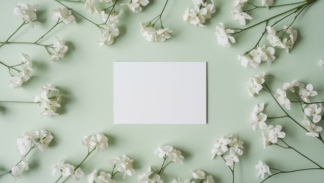 Aerial image featuring a card and white gypsophila on a soft-colored backdrop with blank space.