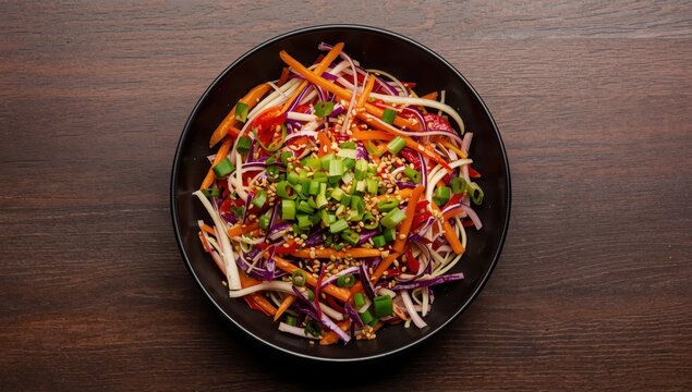 Crunchy cabbage salad with bell pepper, carrots, and herbs topped with green onion and sesame seeds in a black bowl on a dark wooden surface, overhead view, empty space.