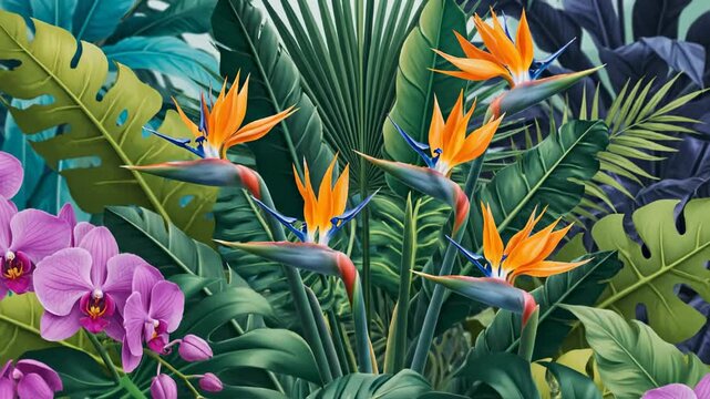 Animated Tropical Orchid and Bird of Paradise Flowers