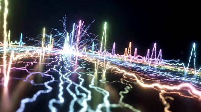 A vibrant, multicolored light display with glowing lines and sparks against a dark background