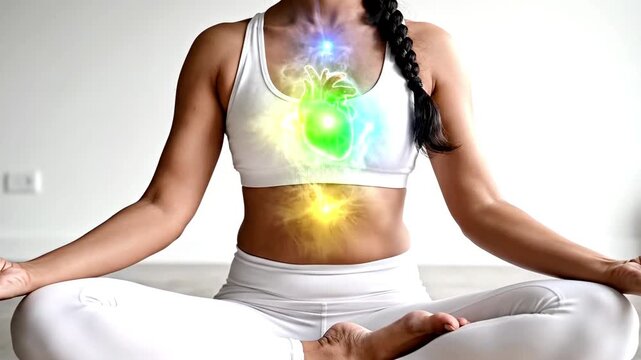 A serene woman in white attire meditates cross-legged, showcasing vibrant energy points