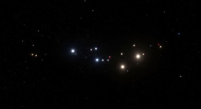 Orion constellation showing bright stars in the night sky including Betelgeuse Rigel and Bellatrix with nebulae glow in the deep space
