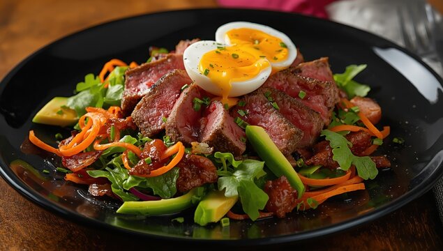 Grilled tuna salad featuring avocado, bacon, eggs, green beans, and carrots on assorted greens, captured with high contrast for a striking food display.