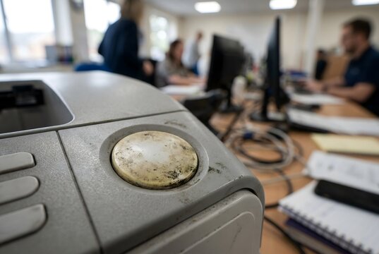 Photorealistic macro shot of a printer button yellowed and stained with grime