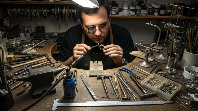 Jeweler at Work - Crafting Fine Jewelry in His Workshop.