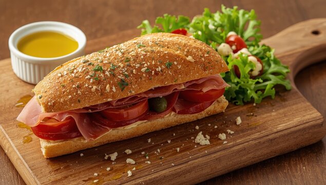 Mediterranean sub featuring Serrano ham, tomato, olives, and olive oil on oregano bread.