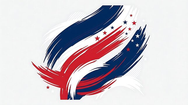 Dynamic abstract design featuring vibrant red, white, and blue brushstrokes interwoven with scattered stars, evoking a sense of patriotism and celebration for various national events