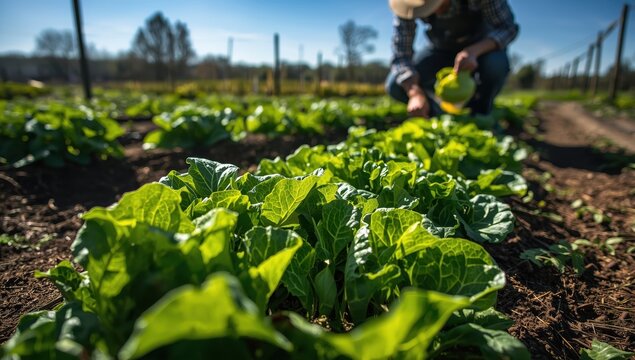 Lettuce and cabbage thrive in the garden. Gathering vegetables. Fresh salad backdrop. Close-up of green leaves in bed.