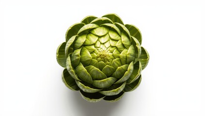 Fototapeta premium Isolated organic green Italian artichoke on white. Local vegetable. Vegan clean eating. Top view close-up.
