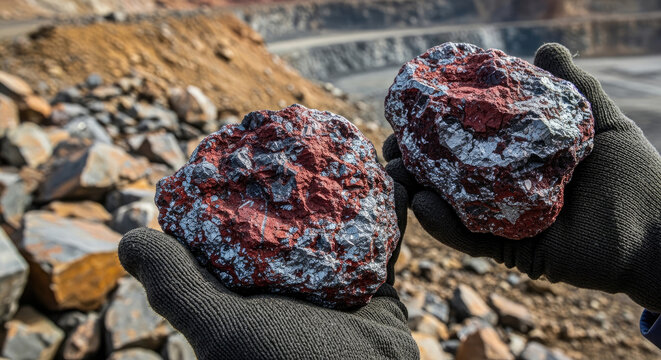 Holding iron ore specimens with red hematite staining in gloved hands at open pit mine for mineral resource exploration