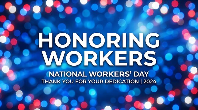 A vibrant red, white, and blue bokeh background celebrates workers' dedication, featuring a heartfelt message honoring their invaluable contributions and hard work