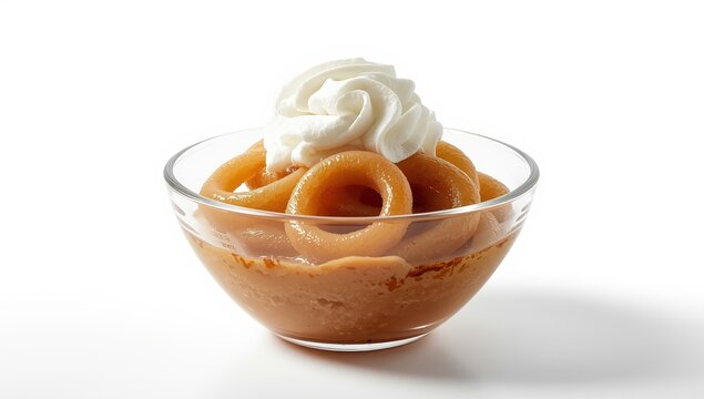 Chestnut pasta topped with whipped cream in a clear bowl against a white background. Sweet chestnut vermicelli.