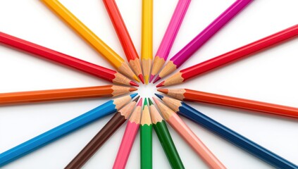 Fototapeta premium Nine multicolored pencil crayons positioned in a circle, all directed at a single point on a white backdrop.