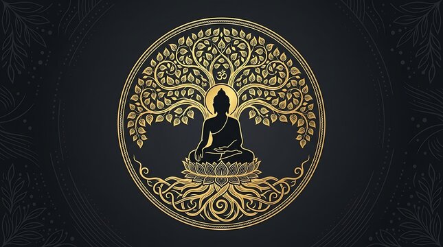 Serene Golden Buddha Meditating Beneath the Sacred Bodhi Tree - Elaborate Spiritual Symbolism with Intricate Patterns for Peace and Enlightenment