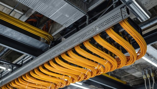 A bundle of vibrant yellow and orange network cables is arranged in rows along a gray, perforated metal cable tray attached to the ceiling.