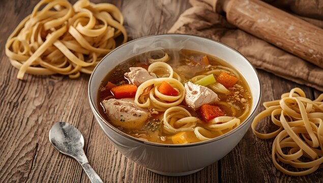 A steaming bowl of chicken soup with thick noodles on a wooden surface, accompanied by fresh noodles and a rolling pin.