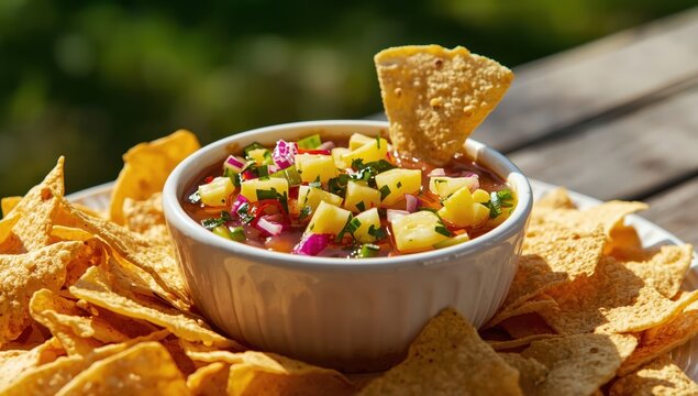 Jalapeno, cilantro, and red onion pineapple salsa accompanied by corn chips for dipping.