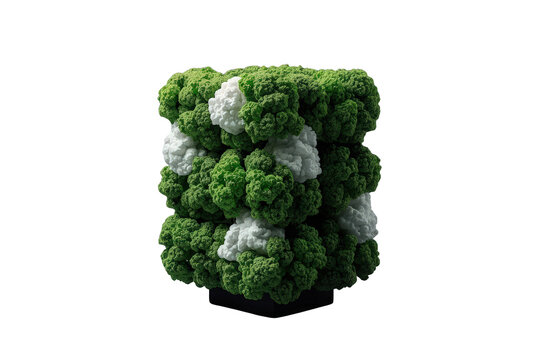 Creative culinary art forming a green and white romanesco and cauliflower cube on a transparent background