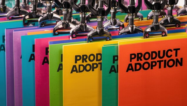 metal fasteners, colored cardstock stating Product adoption.