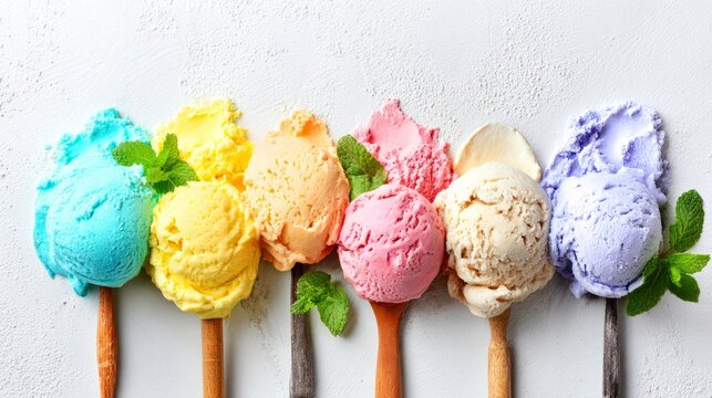 scoop. Colorful assortment of ice cream scoops with mint leaves, viewed from above. menu design, packaging mockups, designed for food delivery and cloud-kitchen brand materials.
