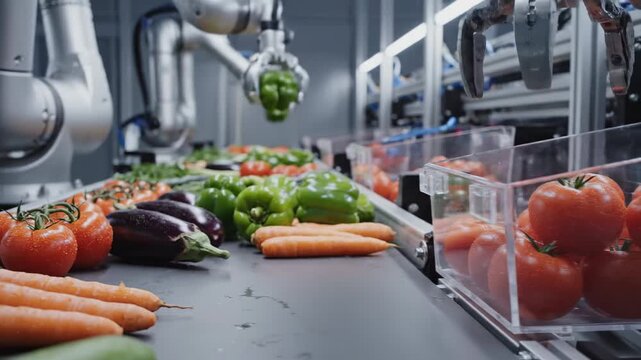 Robotic Arms Sorting Fresh Vegetables on Conveyor Belt
